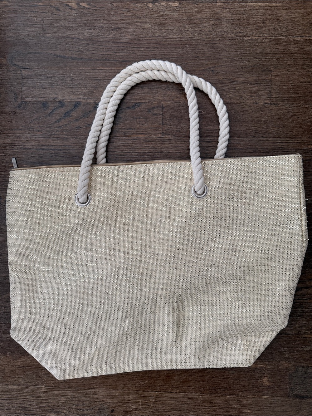 Neutral Rope-Handle Tote Beach Bag - Beige